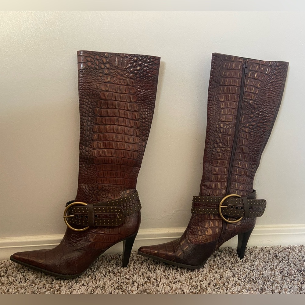 Gianni Bini Lizzy Tall Boots Brown Leather with Boot Buckle Belt